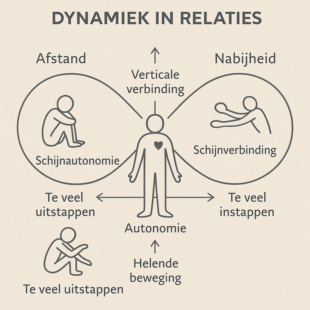 Diagram over relatie-dynamiek met afstand en nabijheid, verticale en horizontale verbinding, en het evenwicht tussen autonomie en verbinding in liefde.